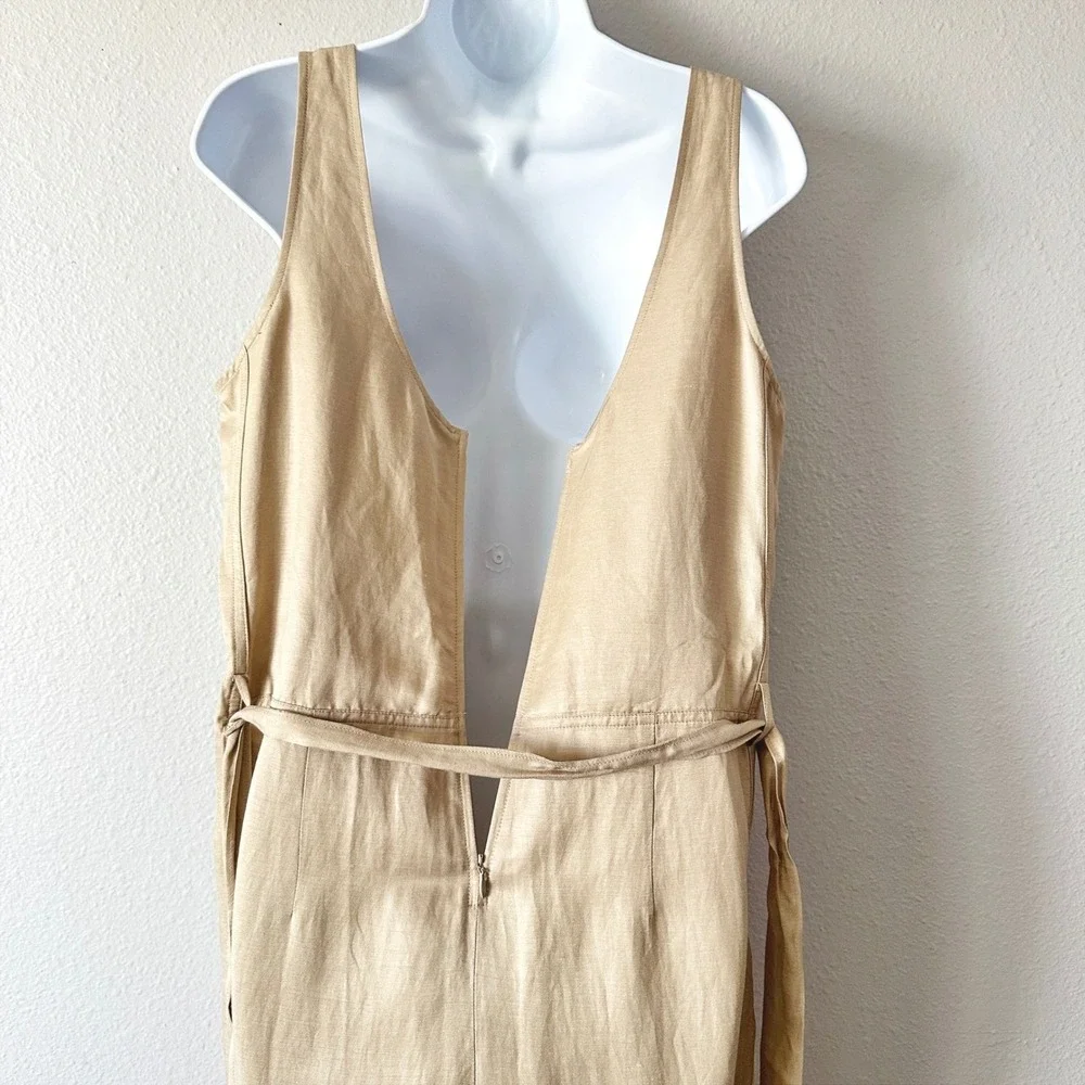 Banana Republic Gold Shimmer Tan Linen Sleeveless Tie Waist Jumpsuit Size Small